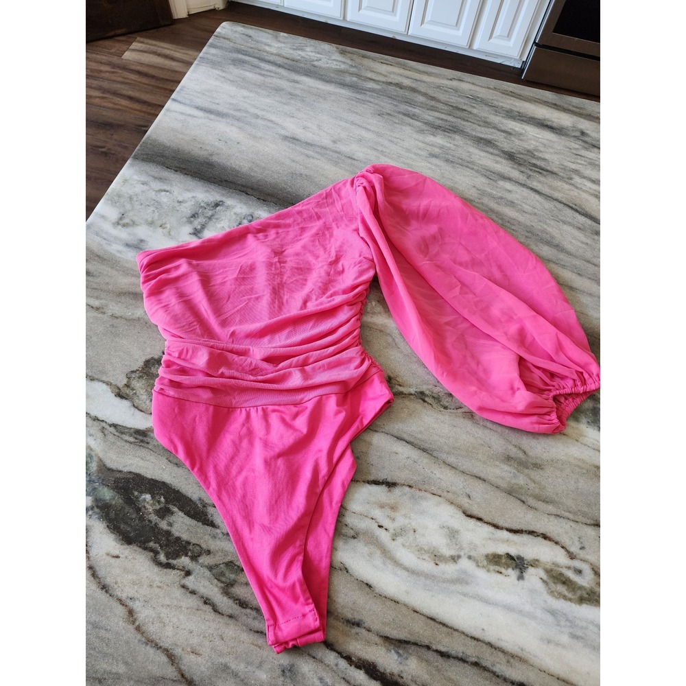Hello Molly Pink One Shoulder Ruched Mesh Puff Sleeve Bodysuit US 6 M - Picture 2 of 7